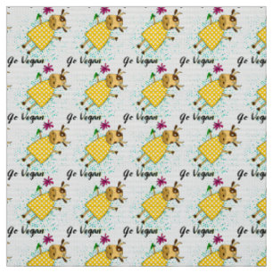 "Go vegan" sign with cute doodle cow and flowers Fabric