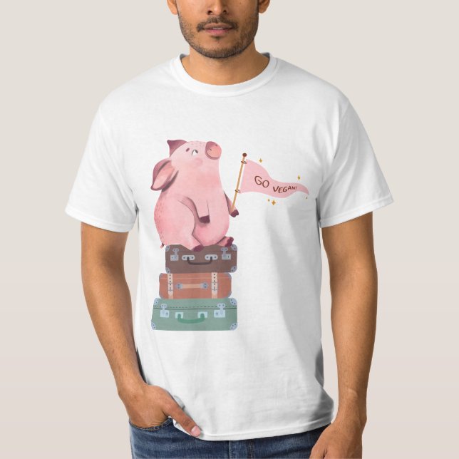 Go Vegan with Cute Pink Pig T-Shirt (Front)