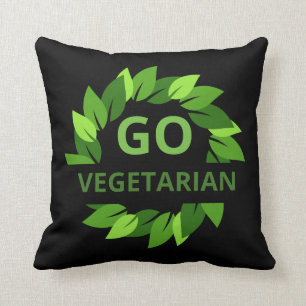 Go Vegetarian, Vegan, Veganism Green Leaves Black Cushion