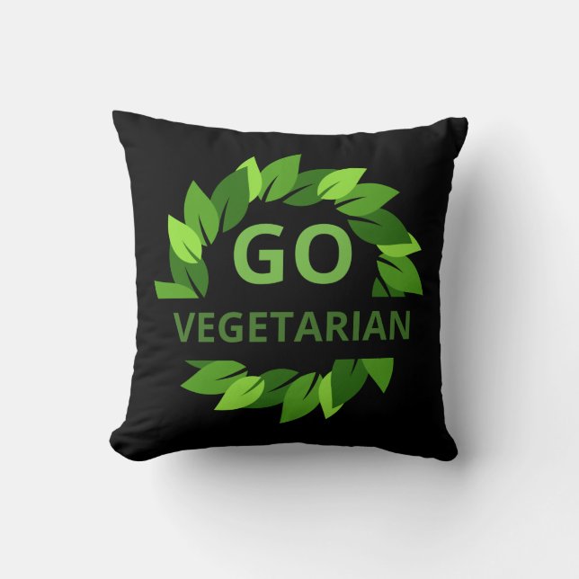 Go Vegetarian, Vegan, Veganism Green Leaves Black Cushion (Front)