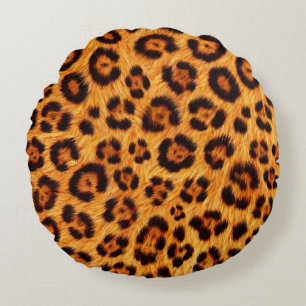 Go Wild Leopard Print Gold Orange Amber Fur Look Round Cushion