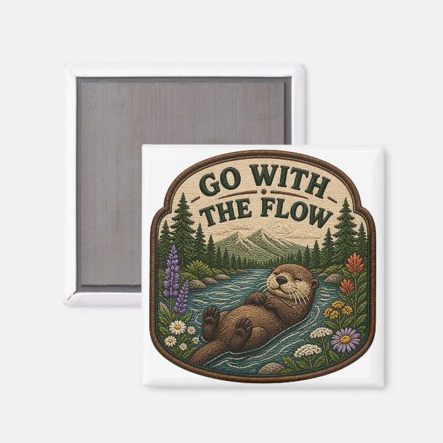 Go With The Flow Otter Embroidered Patch Magnet (Front/Back)