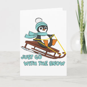 Go With The Snow Sledding Cute Penguin Winter Card