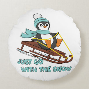 Go With The Snow Sledding Cute Penguin Winter Round Cushion