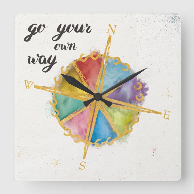 Go Your Own Way Quote With Coloured Compass Square Wall Clock (Front)