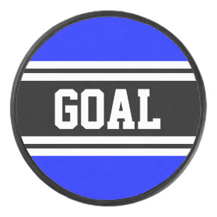 GOAL Bold Royal Blue Black White Racing Stripes Hockey Puck