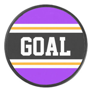 GOAL Colourful Purple Black White Yellow Stripes Hockey Puck