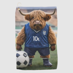 "Goal-Getter: A Highland Cow Dressed for Soccer" Golf Towel