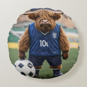 "Goal-Getter: A Highland Cow Dressed for Soccer" Round Cushion