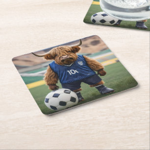 "Goal-Getter: A Highland Cow Dressed for Soccer"  Square Paper Coaster