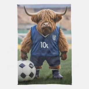 "Goal-Getter: A Highland Cow Dressed for Soccer"  Tea Towel