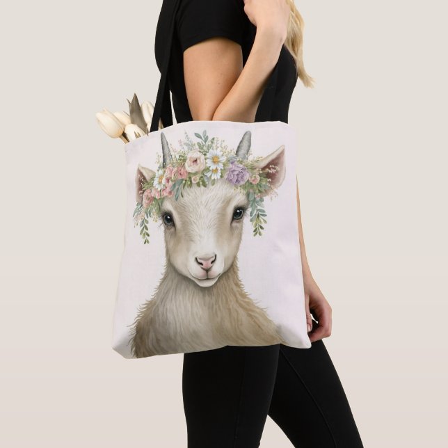 Goat Boho Floral Animal Tote Bag (Close Up)