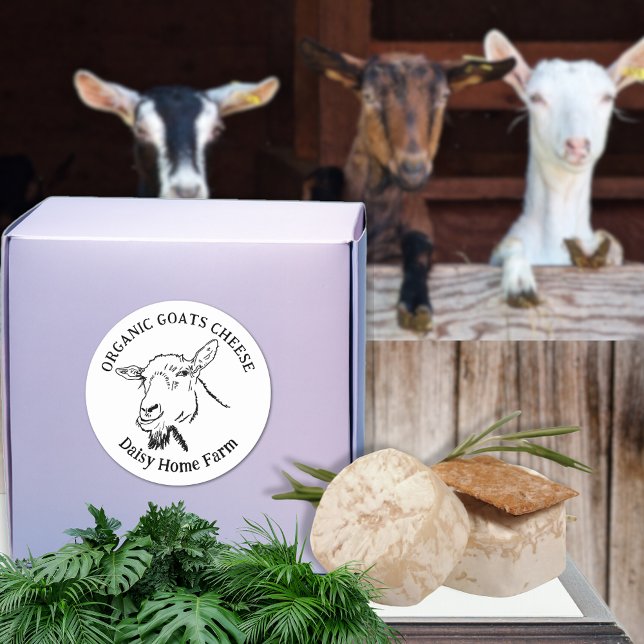 Goat Cheese Business Name Black and White Classic Round Sticker (Goats cheese business name black and white custom product label. Simple goat drawing farm produce )