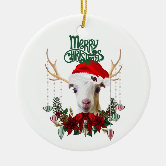 Goat Christmas Beautiful LaMancha Kid in Antlers Ceramic Ornament (Front)
