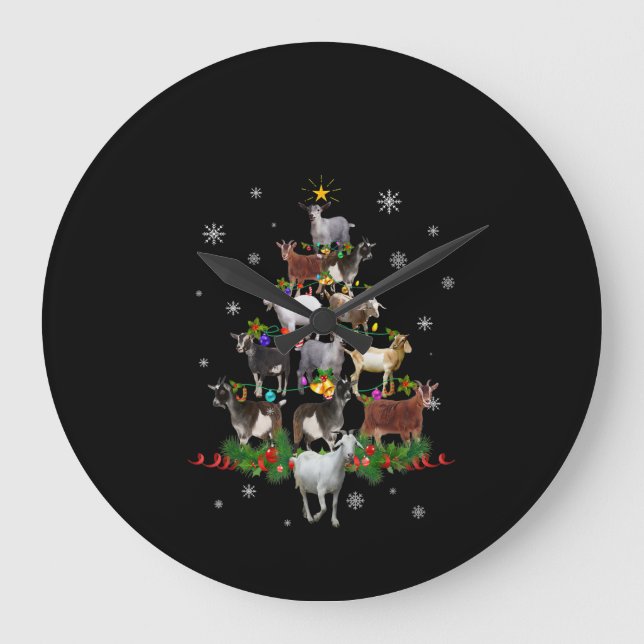 Goat Christmas Tree Snow Goat Xmas Large Clock (Front)