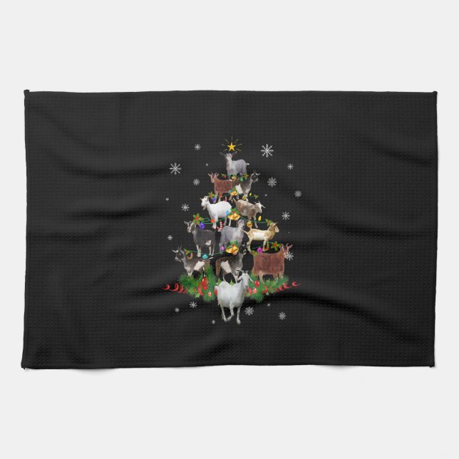 Goat Christmas Tree Snow Goat Xmas Tea Towel (Horizontal)