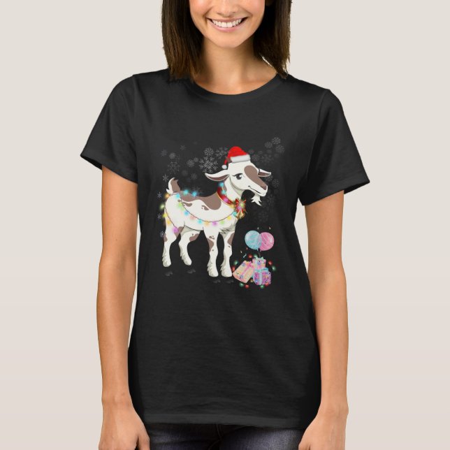 Goat Christmas Wear Santa Hat Light Matching Famil T-Shirt (Front)