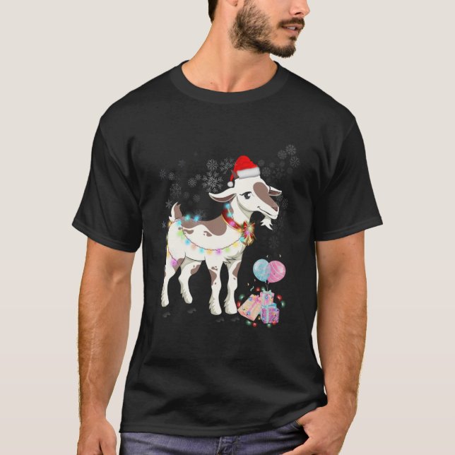 Goat Christmas Wear Santa Hat Light Matching Famil T-Shirt (Front)