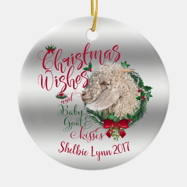 GOAT | Christmas Wishes Baby Goat Kisses Angora Ceramic Ornament (Front)