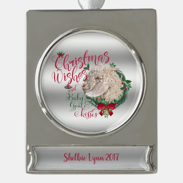 GOAT | Christmas Wishes Baby Goat Kisses Angora Silver Plated Banner Ornament (Front)