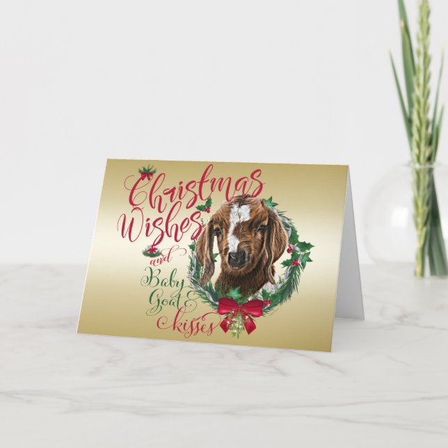 GOAT | Christmas Wishes Baby Goat Kisses Boer Holiday Card (Front)