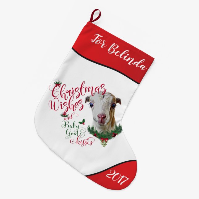GOAT | Christmas Wishes Baby Goat Kisses LaMancha Large Christmas Stocking (Front (Hanging))