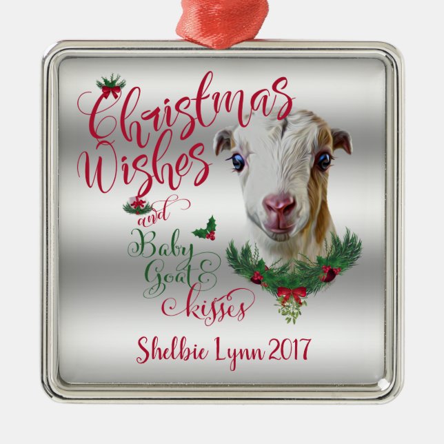 GOAT | Christmas Wishes Baby Goat Kisses LaMancha Metal Tree Decoration (Front)