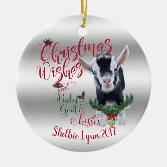 GOAT | Christmas Wishes Baby Goat Kisses Nigerian Ceramic Ornament (Front)