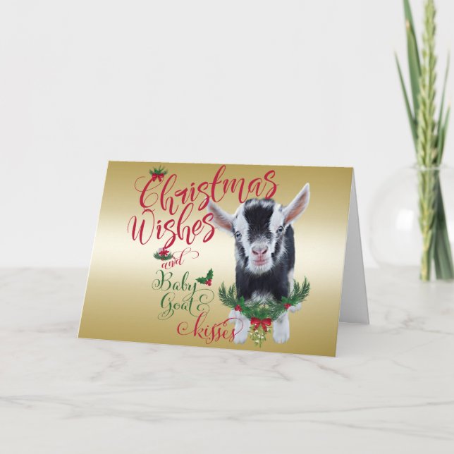 GOAT | Christmas Wishes Baby Goat Kisses Nigerian Holiday Card (Front)