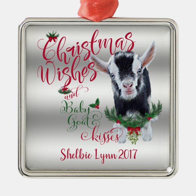 GOAT | Christmas Wishes Baby Goat Kisses Nigerian Metal Tree Decoration (Front)