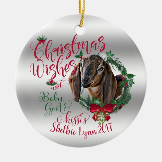 GOAT | Christmas Wishes Baby Goat Kisses Nubian 2 Ceramic Ornament (Front)