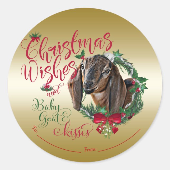 GOAT | Christmas Wishes Baby Goat Kisses Nubian 2 Classic Round Sticker (Front)