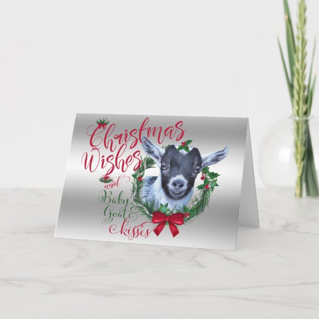 GOAT | Christmas Wishes Baby Goat Kisses Pygmy Holiday Card (Front)