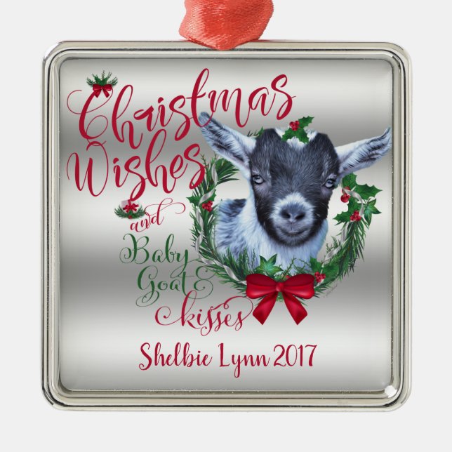 GOAT | Christmas Wishes Baby Goat Kisses Pygmy Metal Ornament (Front)