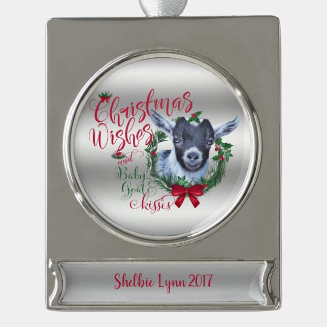 GOAT | Christmas Wishes Baby Goat Kisses Pygmy Silver Plated Banner Ornament (Front)