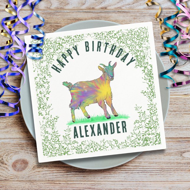 Goat Farm Animal Happy Birthday add Name Napkin (Baby goat farm animal birthday party custom paper plate cute goat animal art and foliage watercolor )