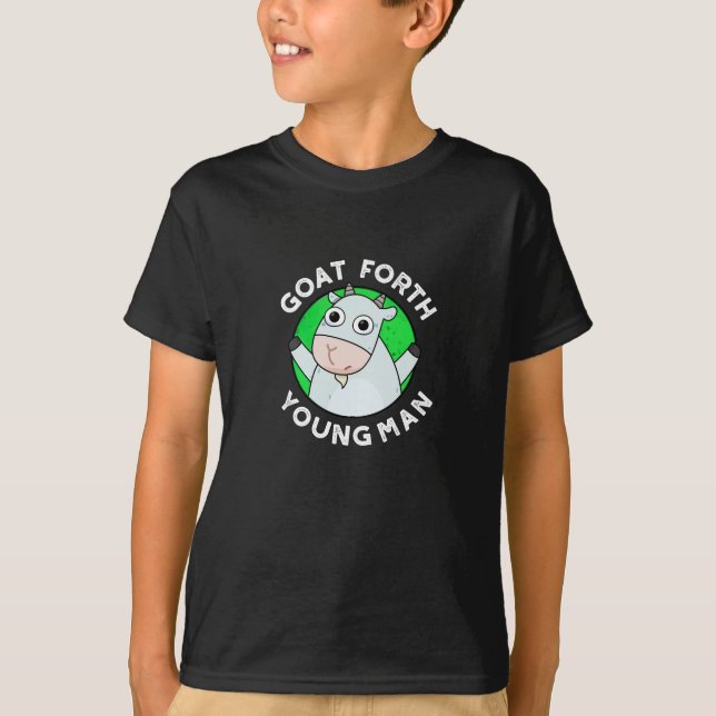 Goat Forth Young Man Funny Animal Pun Dark BG T-Shirt (Front)