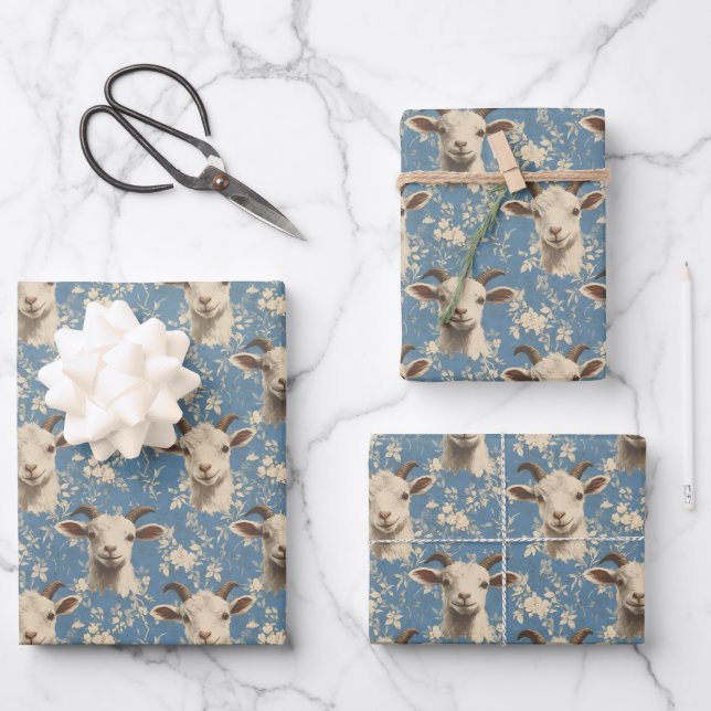 Goat Heads & Flowers on Blue Wrapping Paper Sheet (Front)
