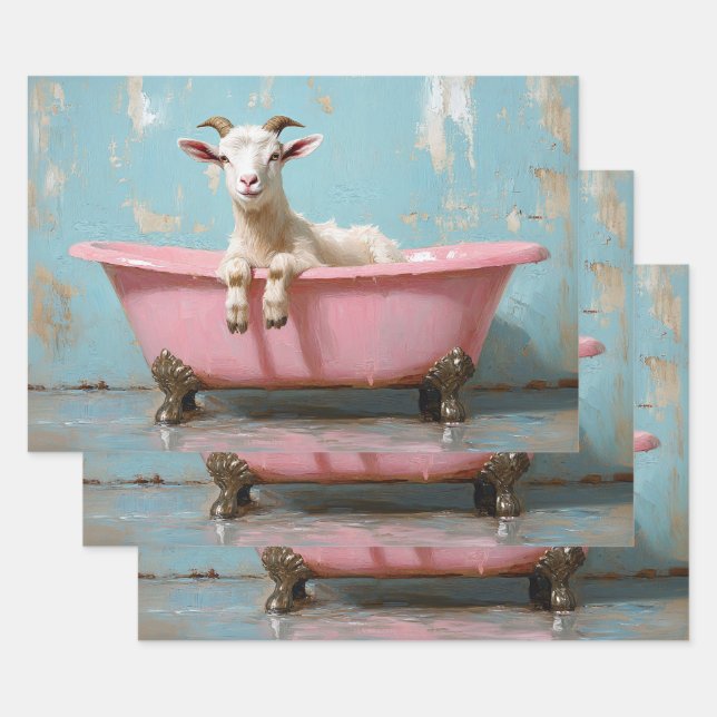 Goat in a Pink Bathtub Wrapping Paper Sheet (Set)