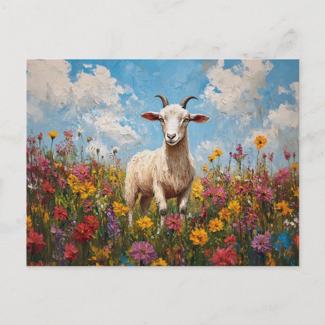 Goat in a Wildflower Field Painting Postcard (Front)