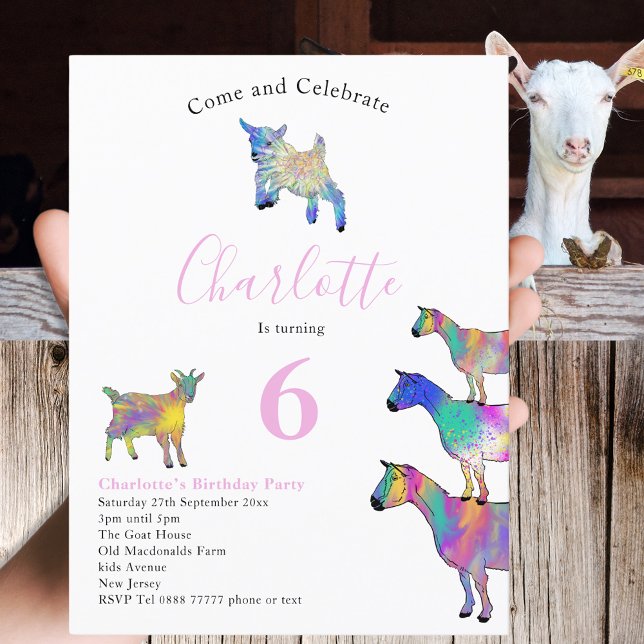 Goat kids Birthday Party Pink Invitation Postcard (Colorful Farm animal art cute goats themed 6th birthday party invitation )