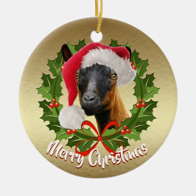 GOAT Oberhasli Dairy Goat Doe  Santa Hat Christmas Ceramic Tree Decoration (Front)