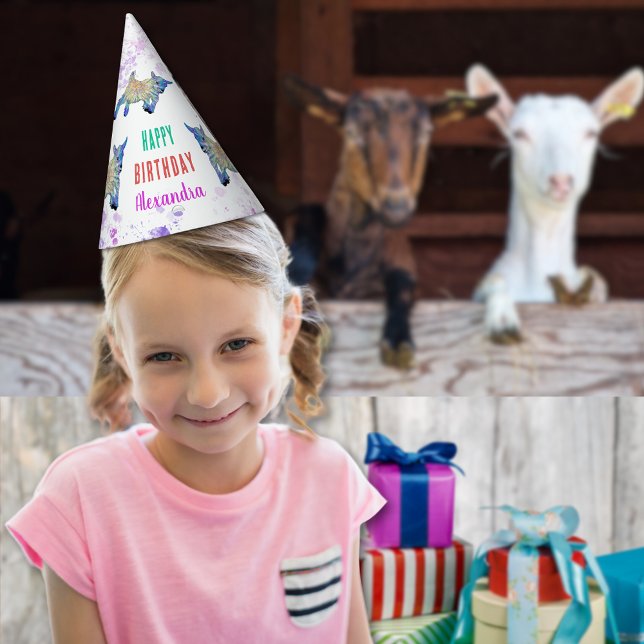 Goat Personalised Birthday Party Hat (Cute goat colorful farm animal art happy birthday custom name paper hat watercolor splash any age)