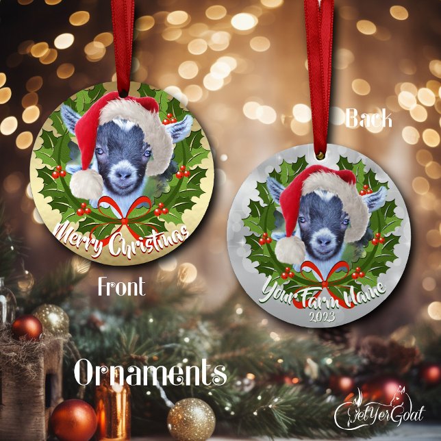 GOAT Pygmy Kid  Santa Hat Christmas Ornament (Adorable pygmy goat lover's Christmas -one side gold, the other silver - date on back  #zazzlemade)