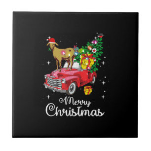 Goat Rides Red Car Christmas Ceramic Tile