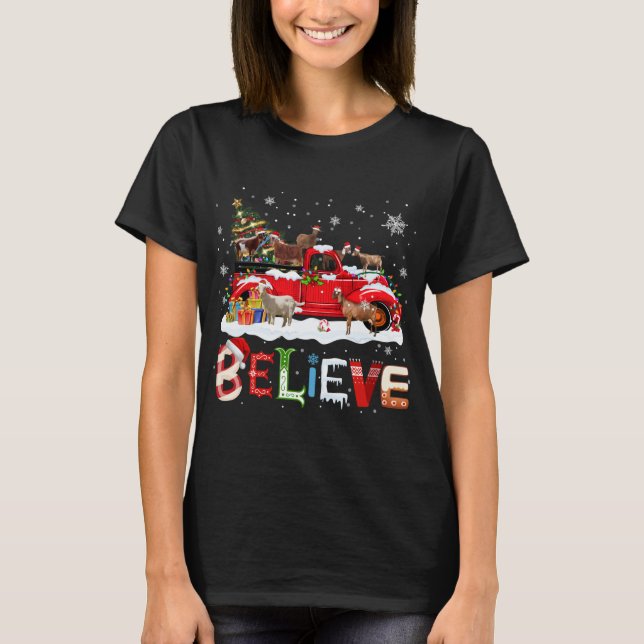 Goat Riding Red Truck Christmas Tree Believe Santa T-Shirt (Front)