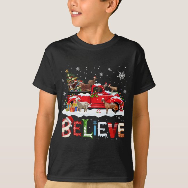 Goat Riding Red Truck Christmas Tree Believe Santa T-Shirt (Front)