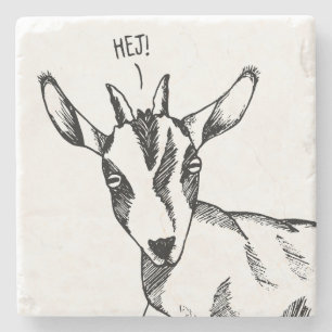 Goat Sketch saying "Hej!" Stone Coaster