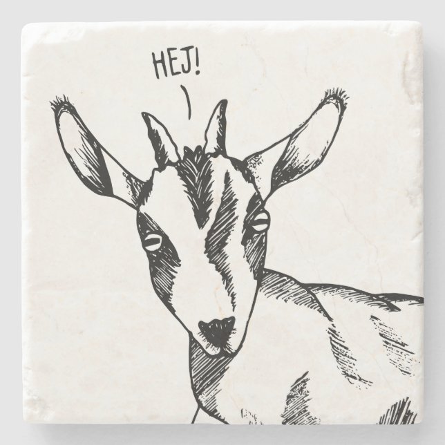 Goat Sketch saying "Hej!" Stone Coaster (Front)