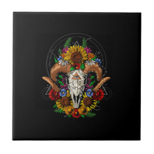 Goat Skull Psychedelic Sunflowers Ceramic Tile